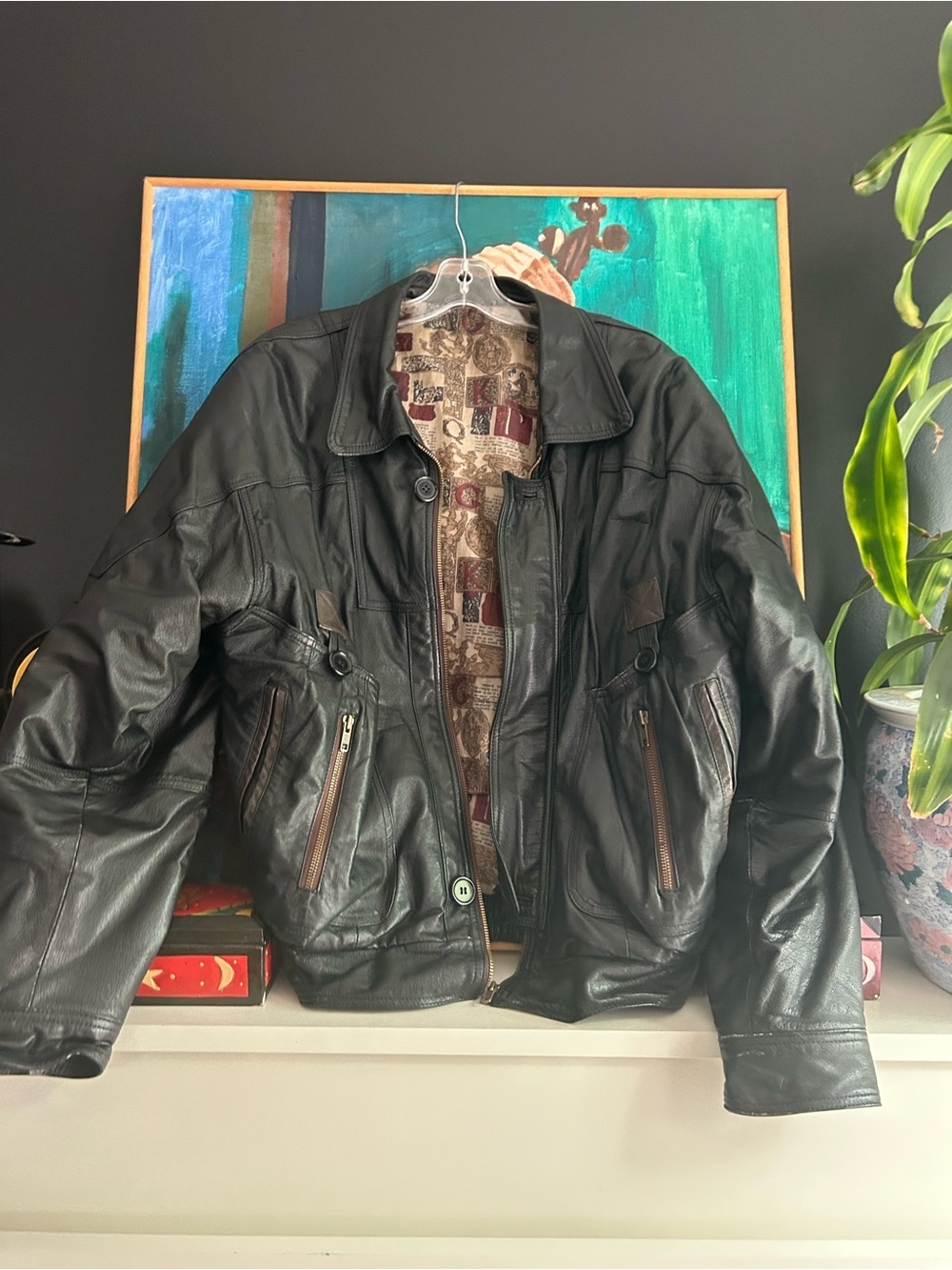 Vintage 90s Genuine Black Leather Bomber Jacket Zip Pockets